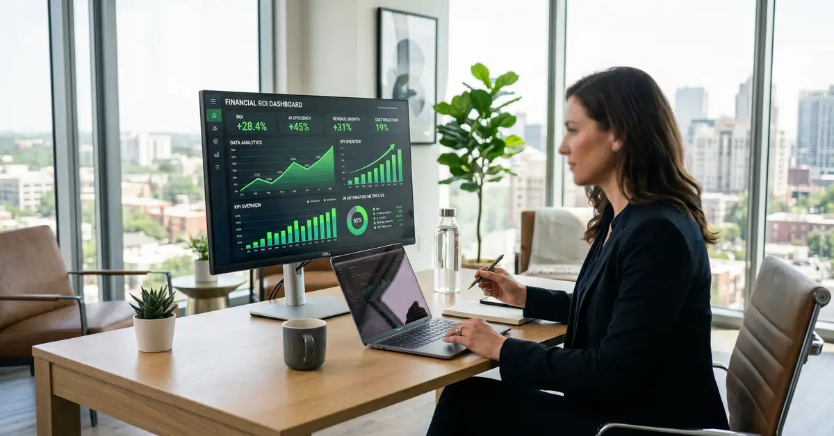 Modern executive office with ROI dashboard displaying AI automation metrics and green upward-trending charts