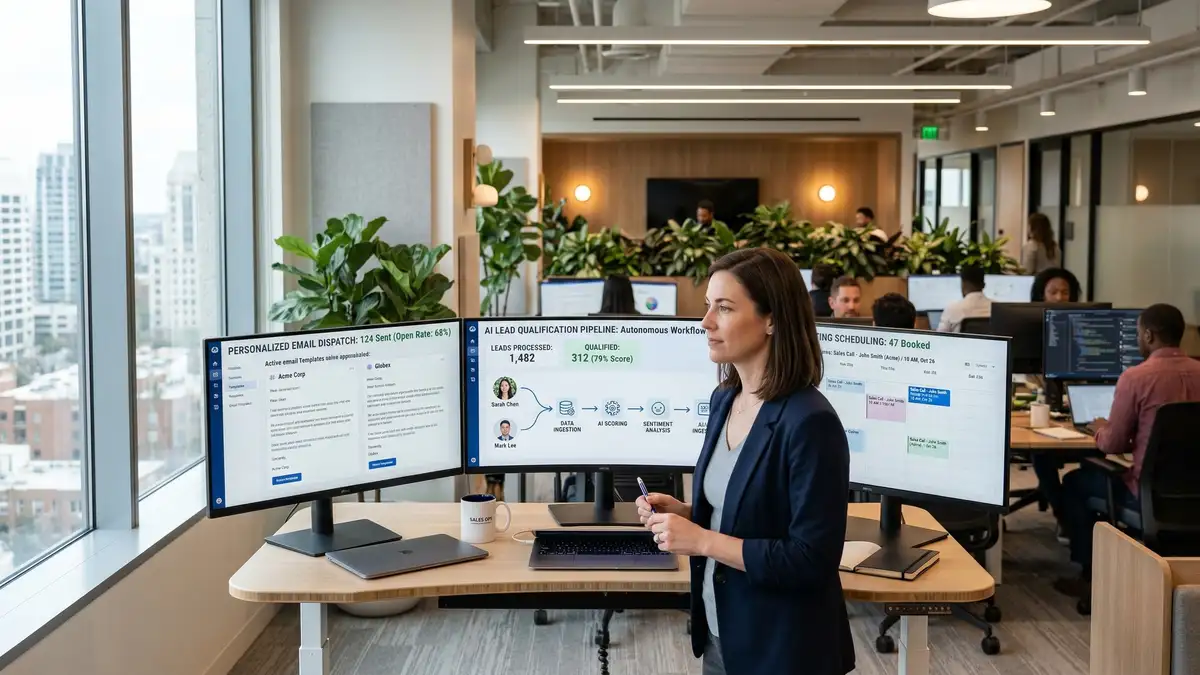 B2B sales operations center with AI agent workflows autonomously qualifying leads and scheduling meetings on multiple screens