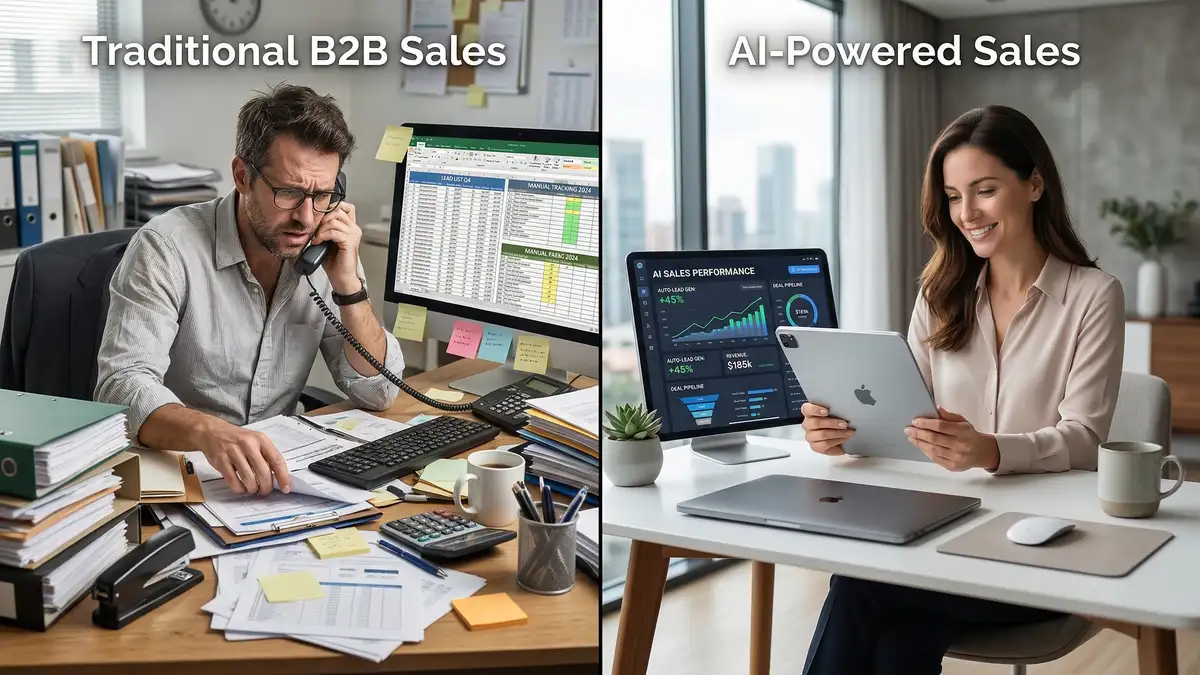 Split-screen comparing traditional manual B2B sales process with cluttered desk versus AI-powered clean workspace showing autonomous dashboards