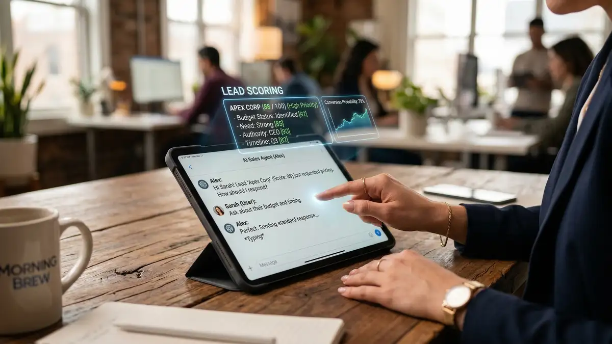 Business professional interacting with AI sales agent interface showing real-time lead scoring metrics on tablet