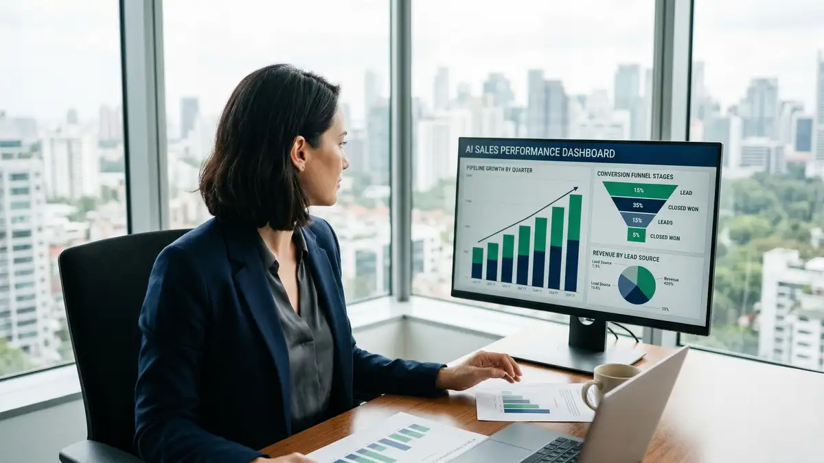 B2B executive reviewing AI sales performance pipeline growth charts and conversion funnels on monitor