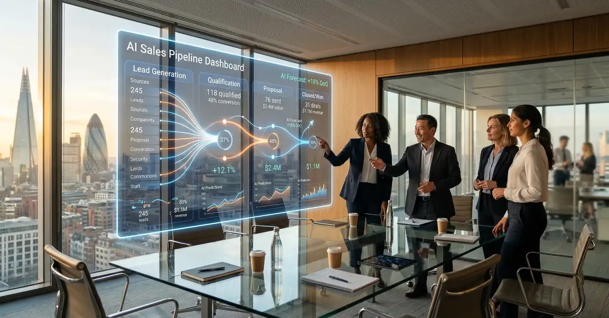 Modern B2B executive boardroom with holographic AI-powered sales pipeline dashboard showing lead generation qualification and close stages