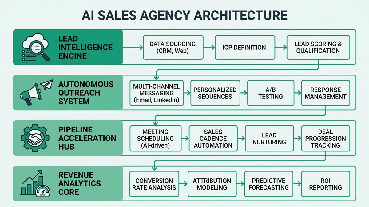 Infographic showing AI sales agency architecture with four connected layers from lead intelligence to revenue analytics in peppereffect brand colors