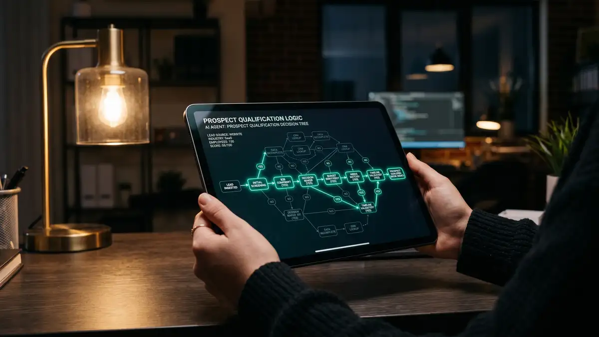 Illustrated concept of an autonomous AI sales agent routing prospect data through a decision graph with tool calls and memory