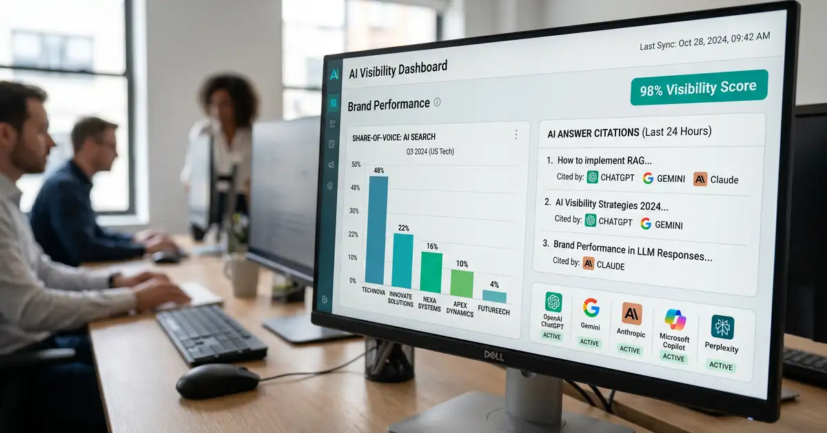 An AI search visibility tracking dashboard with a share-of-voice bar chart and a list of AI answer citations
