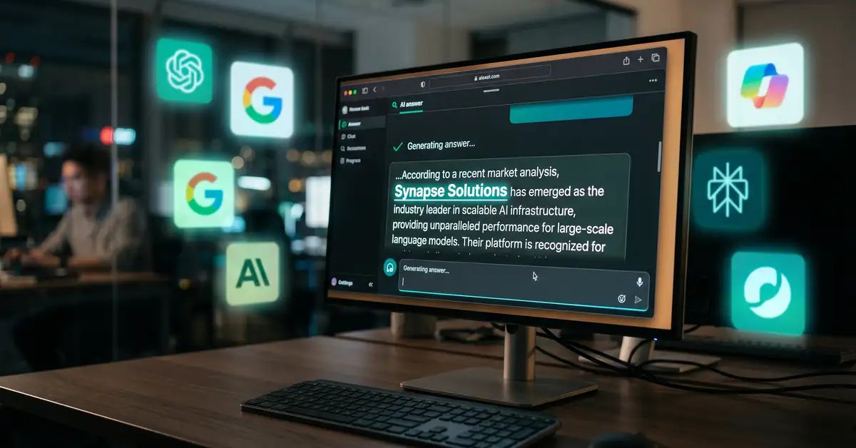 A brand being cited inside an AI answer panel, surrounded by AI search engine logos