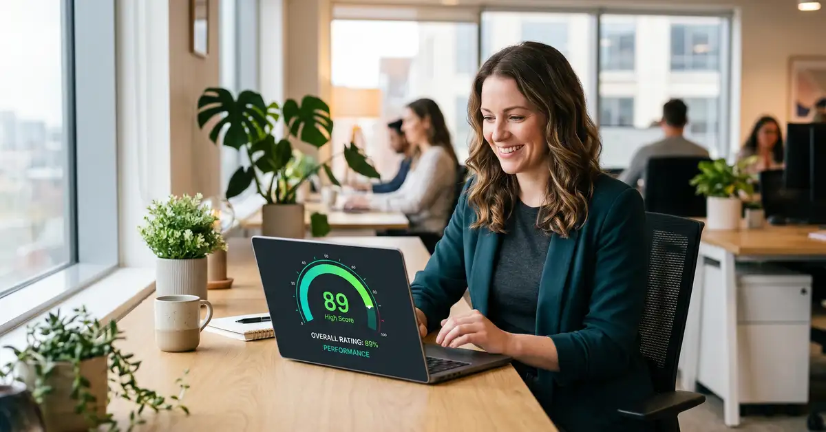 A professional reviewing a simple AI visibility score gauge on a laptop
