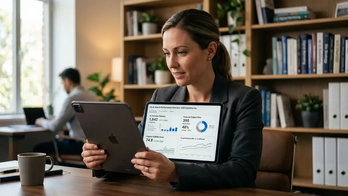 B2B executive reviewing AI-generated search analytics dashboard showing AI Overview citations and visibility scores