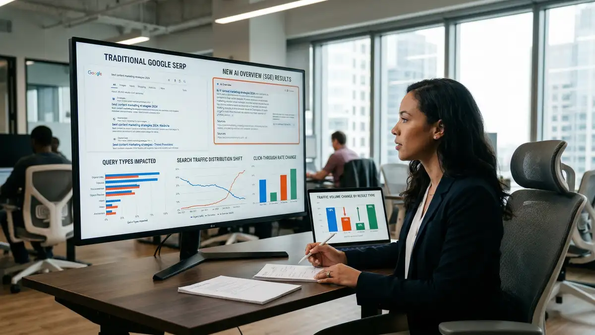 Marketing strategist analyzing AI search results comparing traditional Google listings with AI Overview responses on large monitor