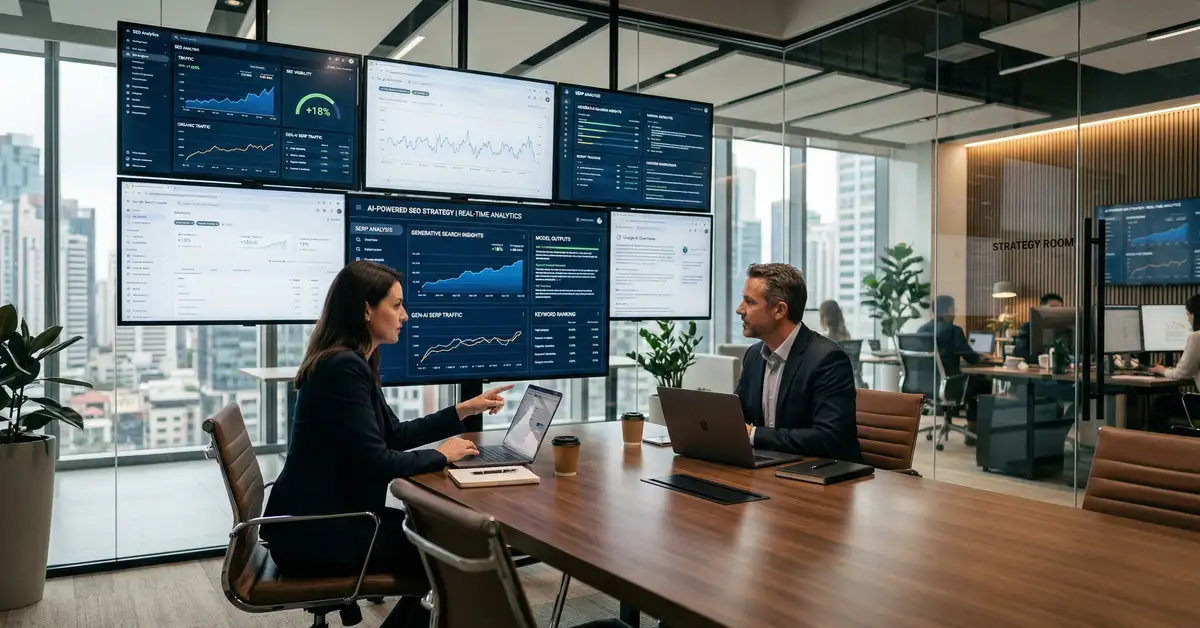 AI SEO agency team analyzing generative search optimization data on dashboards showing GEO and AEO performance metrics