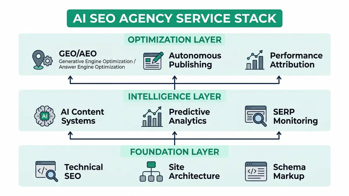 Architectural infographic showing three-layer AI SEO agency service stack with foundation intelligence and optimization layers