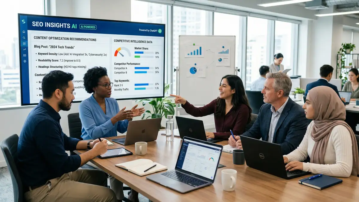 Diverse SEO team collaborating around conference table with AI-powered optimization tools displayed on central screen