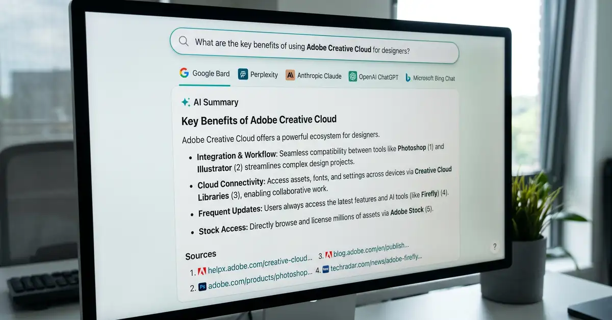 An AI generated search answer with a brand cited as a source and AI search engine logos along the top