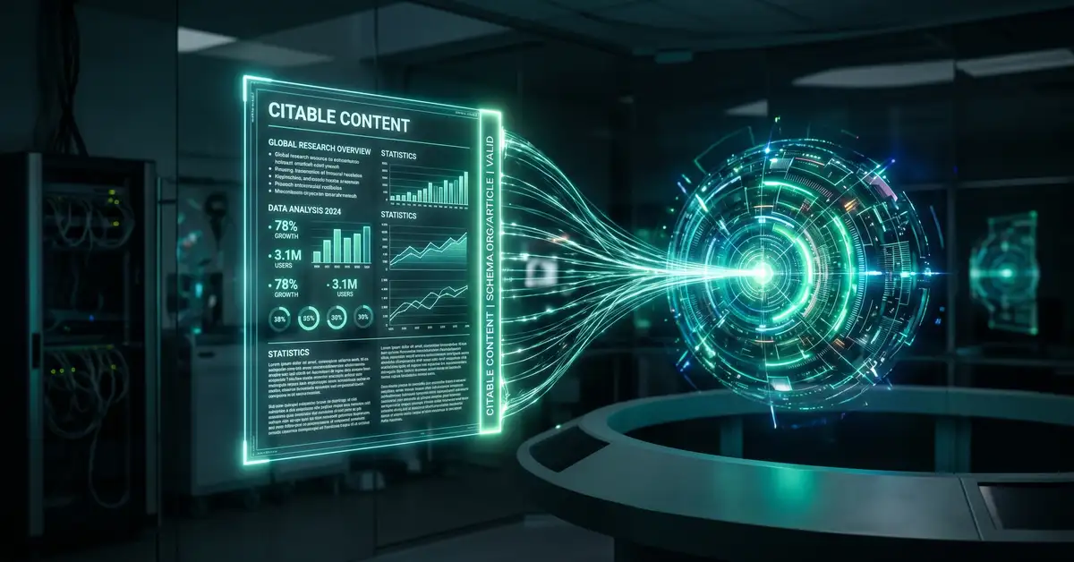 Well-structured content rich with statistics, headings, and a schema tag being pulled toward a glowing AI core