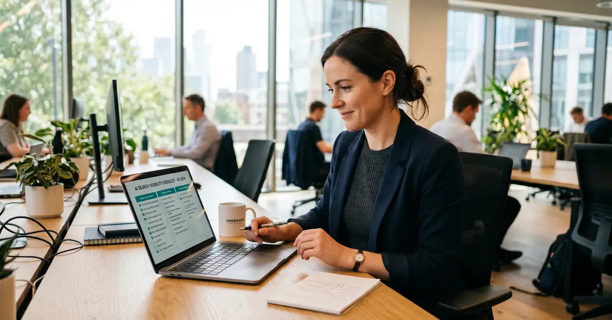 A business professional reviewing an AI search visibility checklist on a laptop