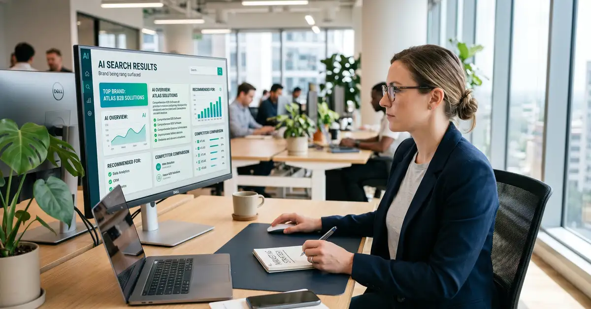 A B2B marketer looking at a monitor showing a brand being surfaced inside AI search results across several answer-engine panels