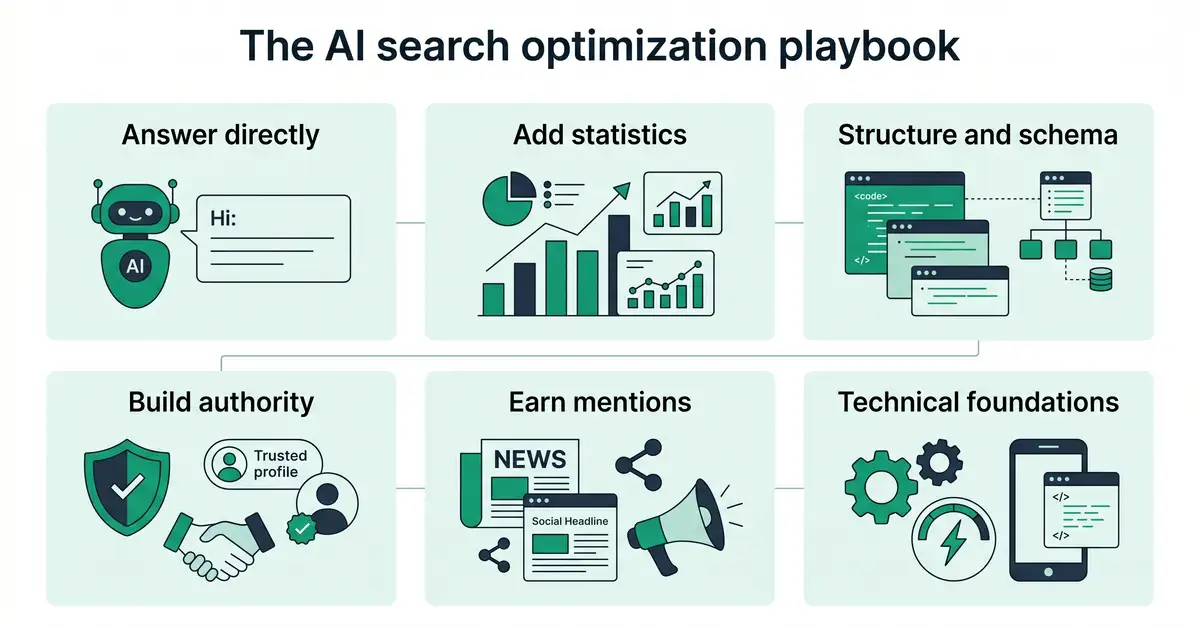 Infographic of the AI search optimization playbook: answer directly, add statistics, structure and schema, build authority, earn mentions, technical foundations