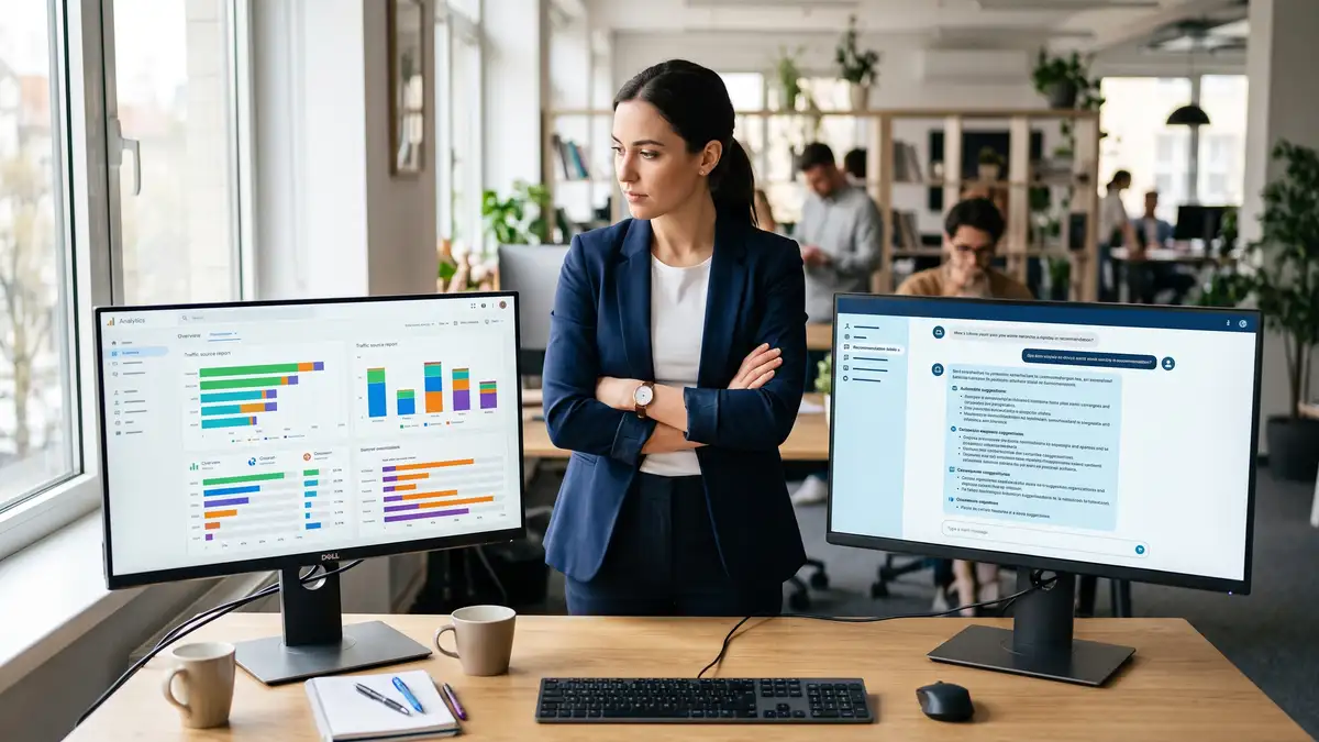 A marketer comparing a web analytics traffic-source report with an AI assistant vendor recommendation list, illustrating AI traffic share versus influence share