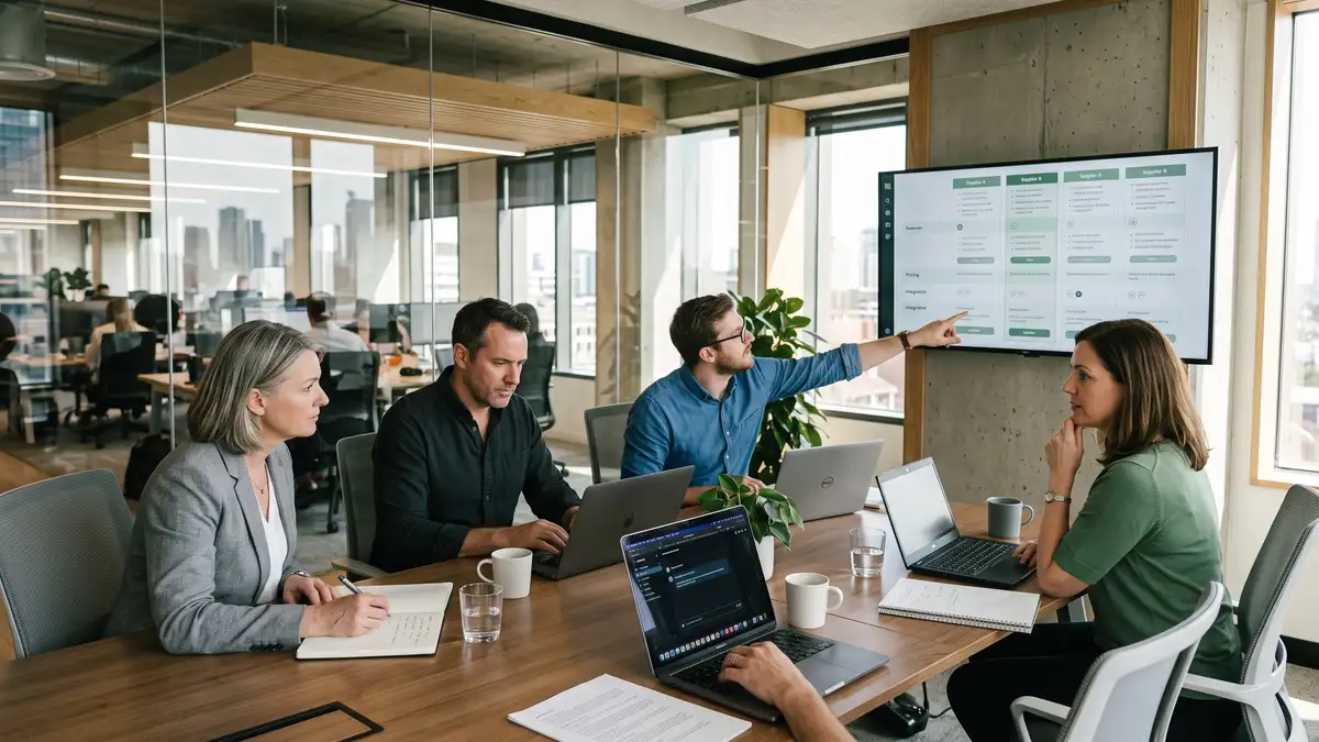 A B2B buying committee reviewing a vendor shortlist on a meeting room display while one member queries an AI assistant on a laptop