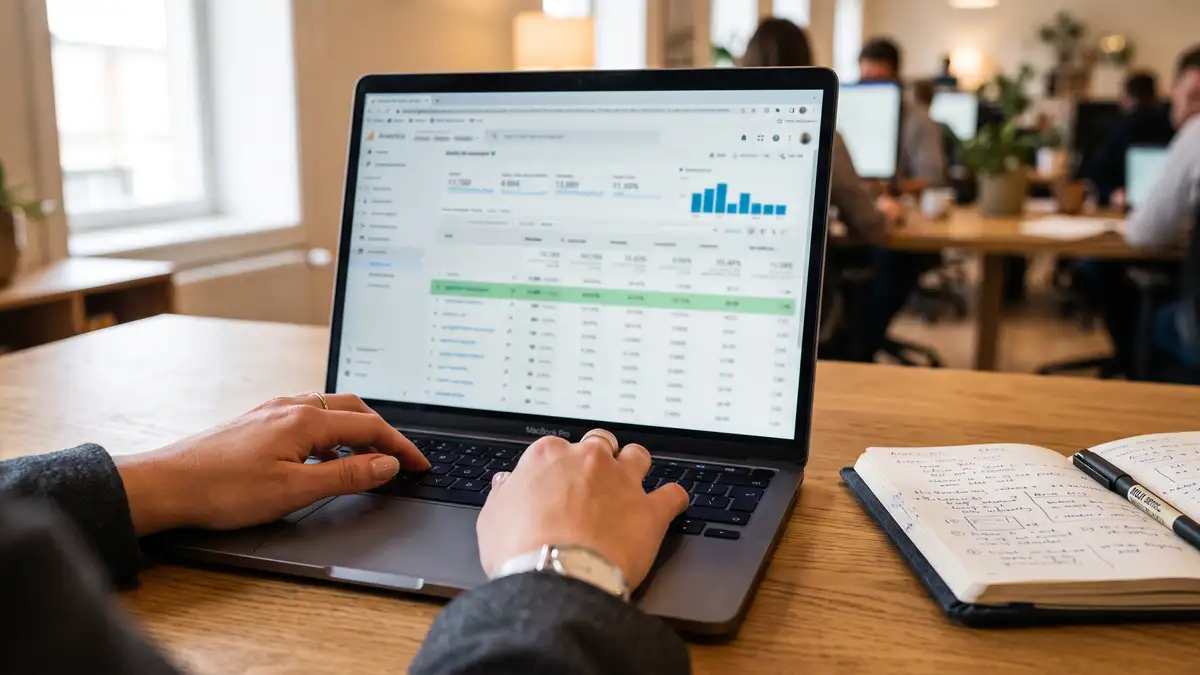 Close-up of an analytics referral source list on a laptop screen with one row highlighted, showing where AI referral traffic appears in reporting