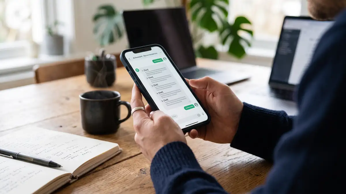 A person reading an AI assistant answer on a smartphone showing a short numbered list of recommended vendors during B2B research