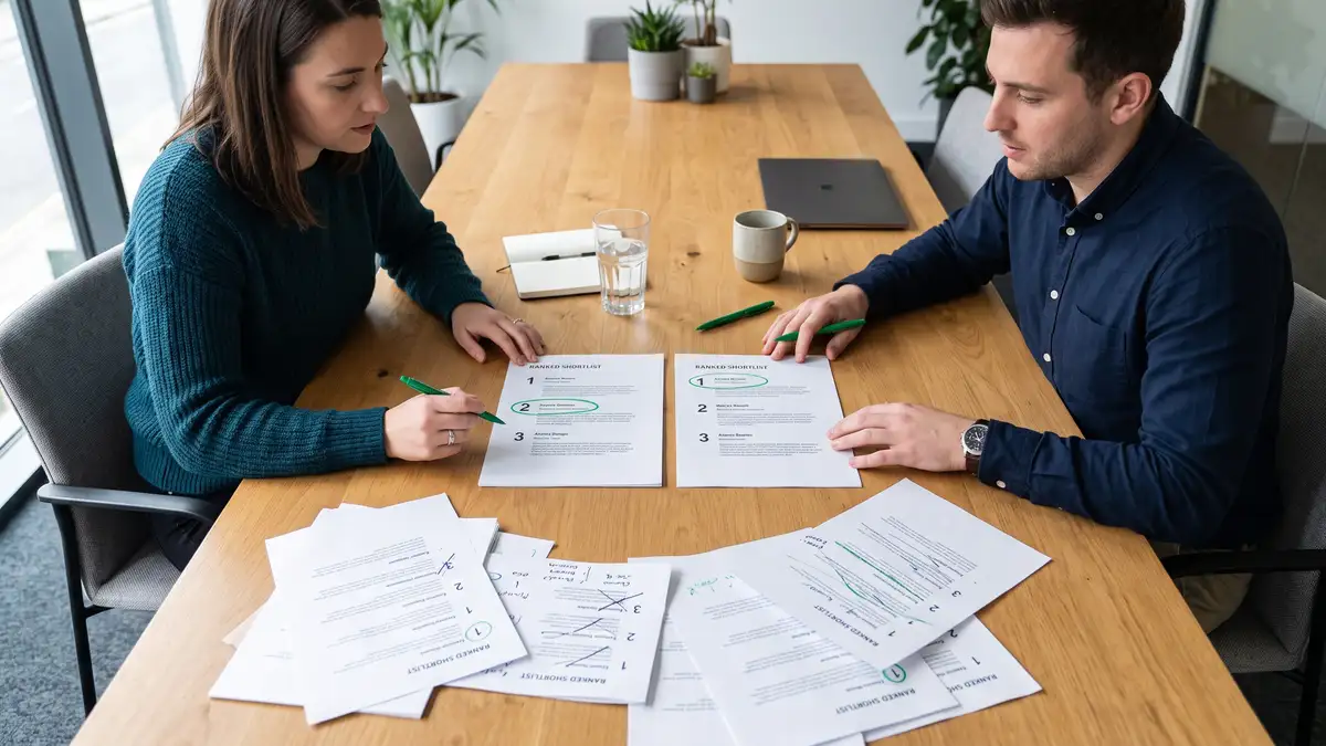 Two B2B marketers comparing shortlists with different names circled, illustrating how AI answer source sets change between runs
