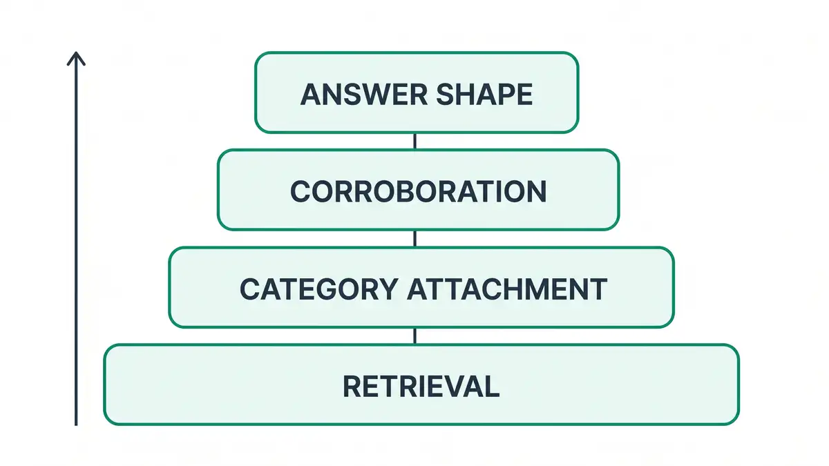 Diagram of the four-layer AI visibility audit stack: retrieval at the base, then category attachment, corroboration and answer shape