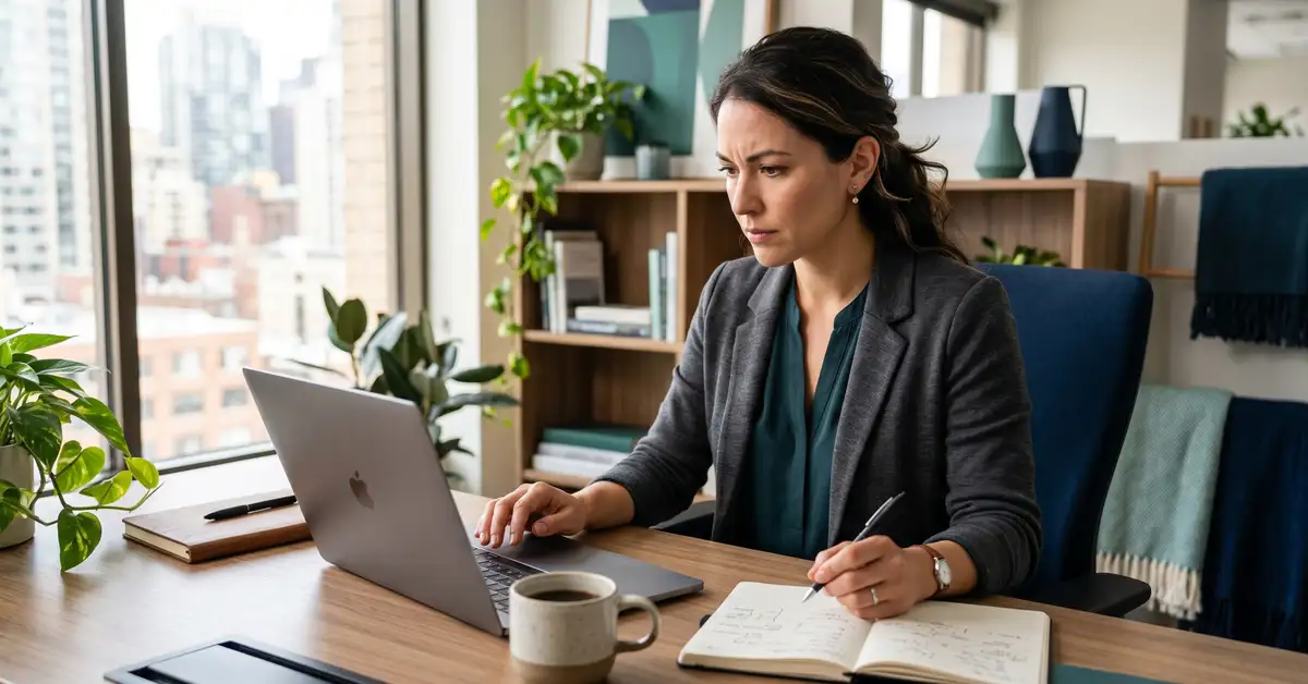 A focused B2B software buyer comparing software options on a laptop at a modern desk