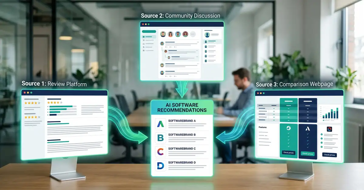 Review platforms, community discussions, and comparison pages feeding into a central AI answer that names software brands