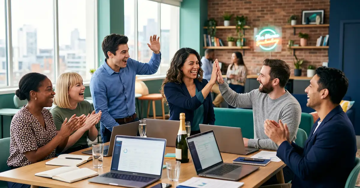 A confident B2B SaaS marketing team celebrating a win in a bright modern office