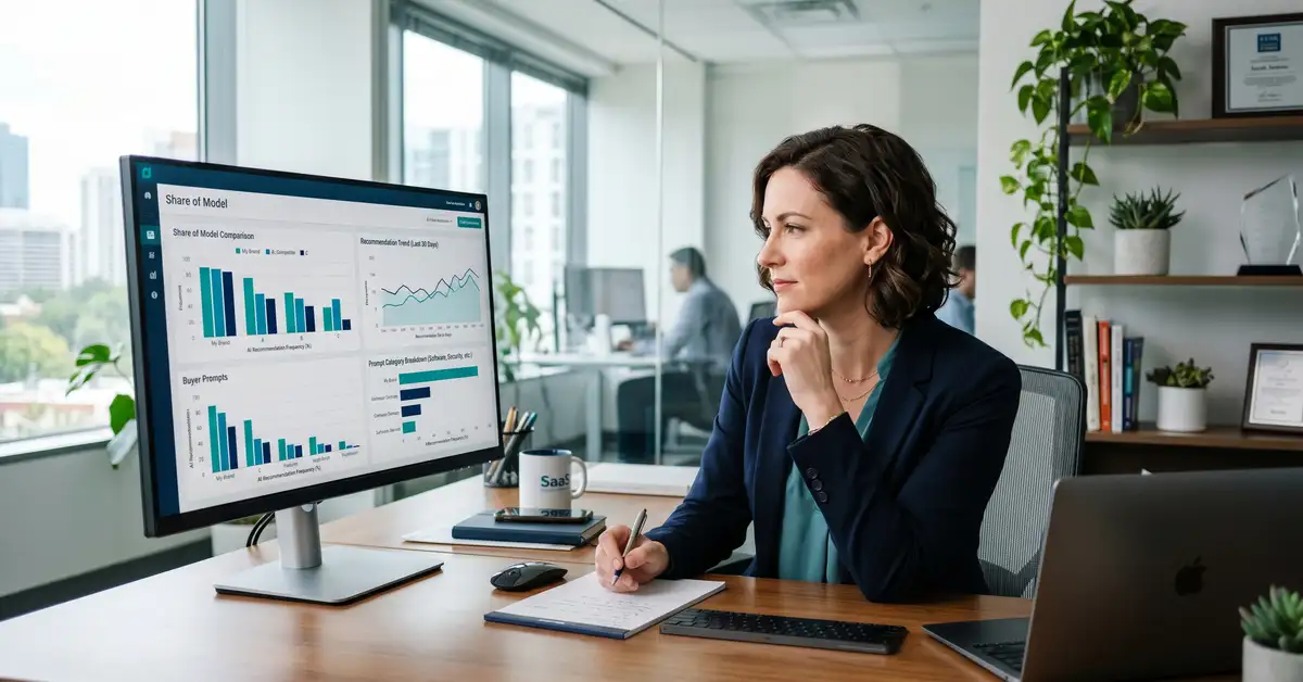A SaaS marketing leader reviewing a Share of Model dashboard comparing AI recommendation share against competitors