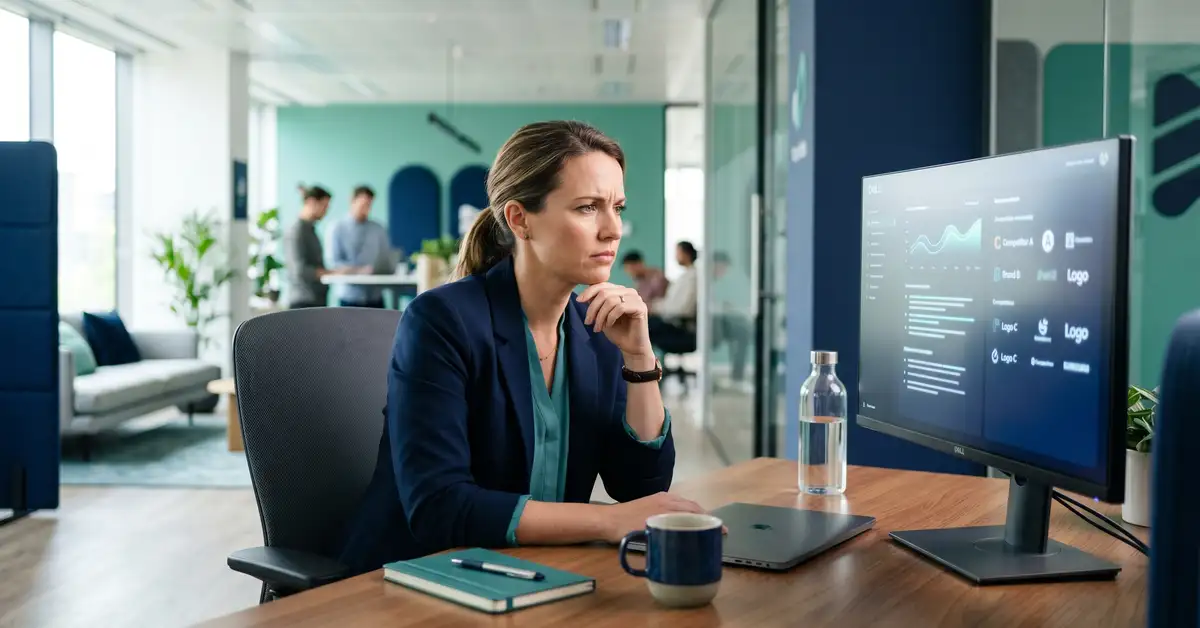 A B2B SaaS executive viewing an AI chat answer that recommends competitor software while their own brand is absent