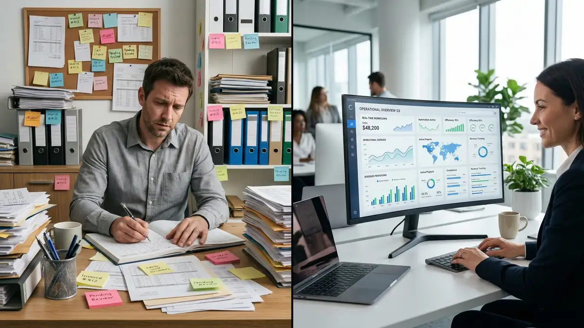 Comparison chart showing AI workflow automation versus traditional RPA across capability dimensions including decision complexity and adaptability