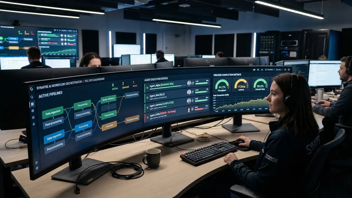 AI workflow automation dashboard displaying intelligent process orchestration with machine learning models and autonomous agent monitoring for B2B operations