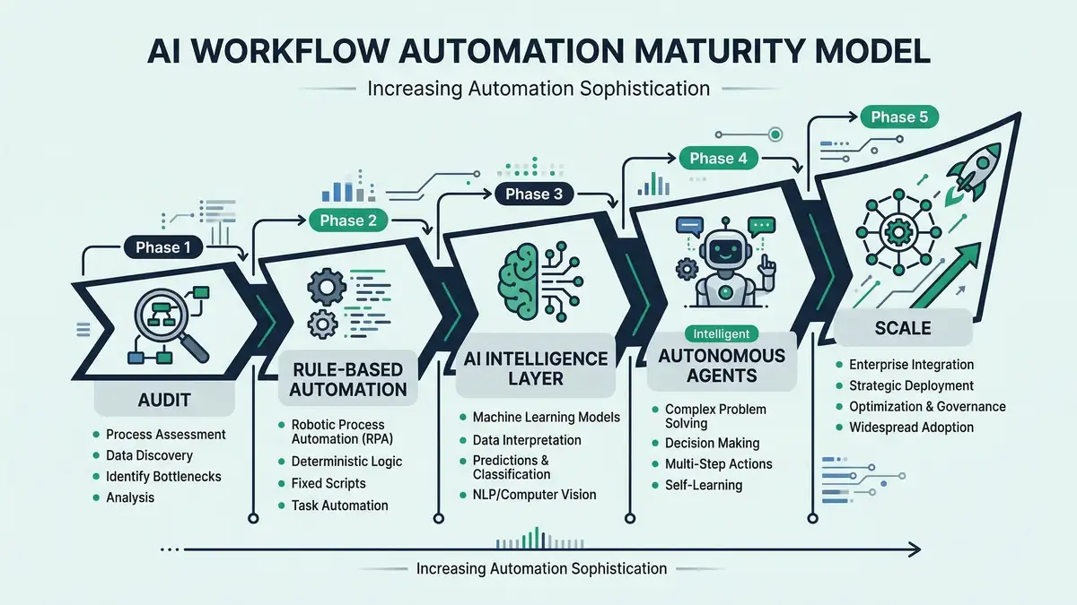 AI workflow automation implementation infographic showing five-phase framework from process audit through agentic deployment with ROI milestones