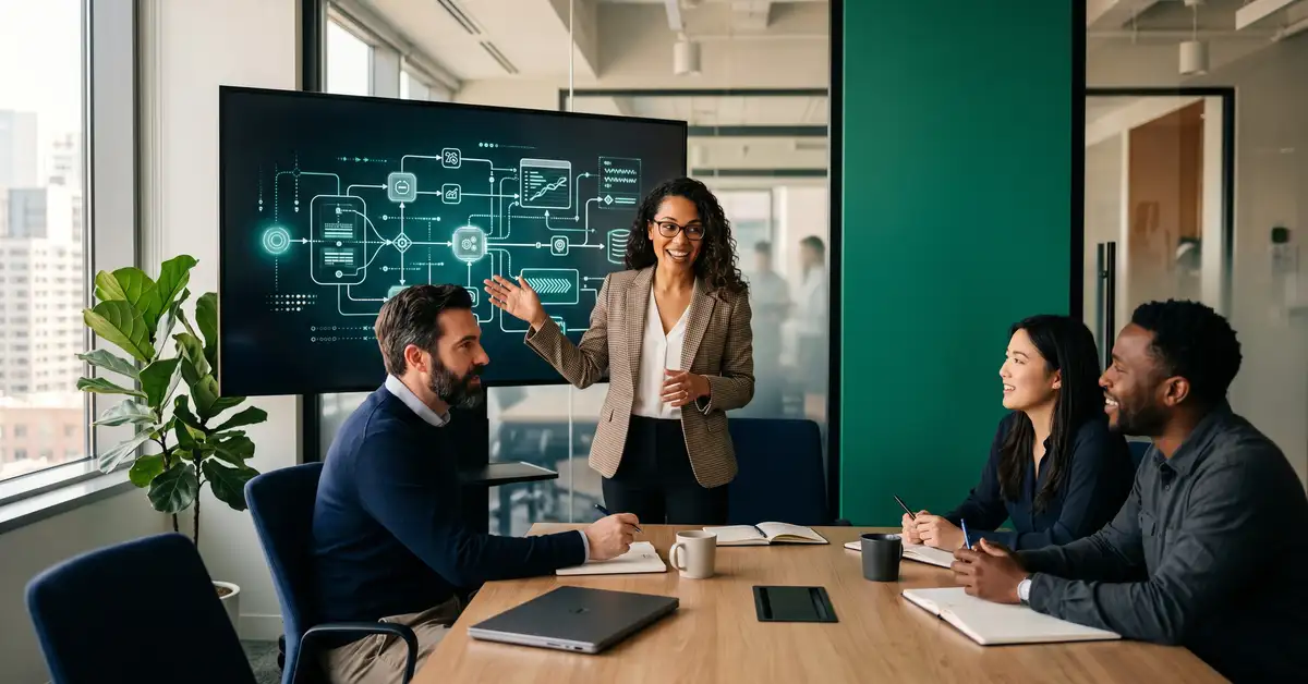 A B2B automation team collaborating on a workflow system in a modern office