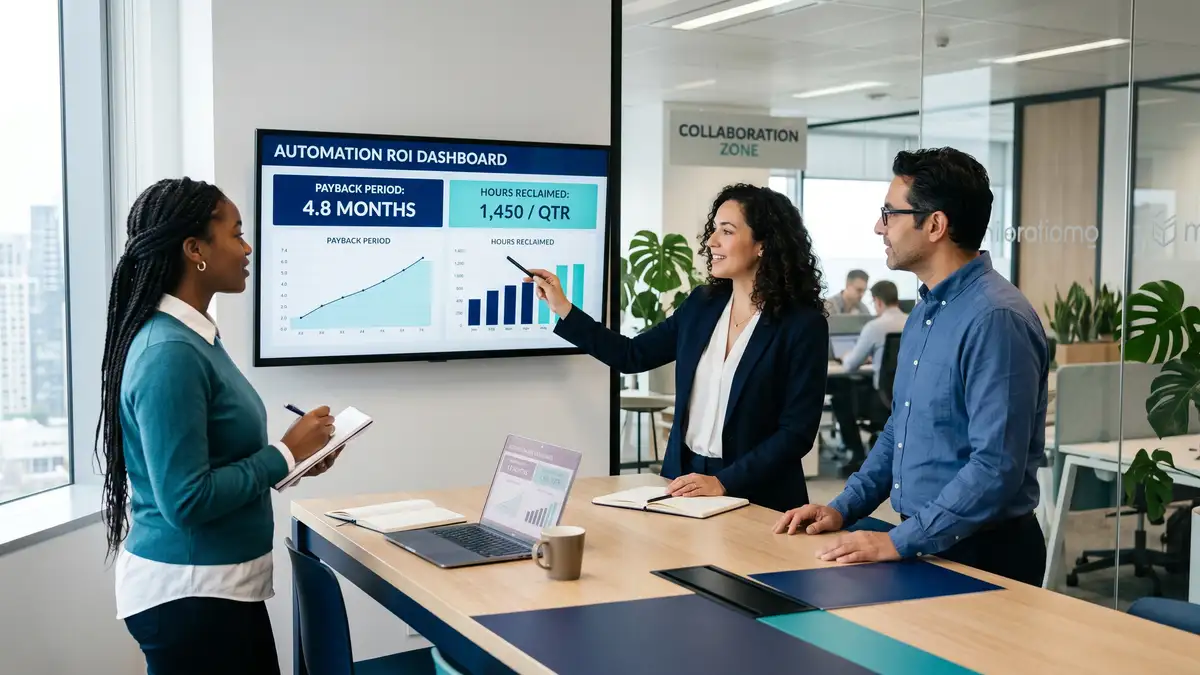 A small B2B team reviewing an automation ROI dashboard showing payback period and hours reclaimed