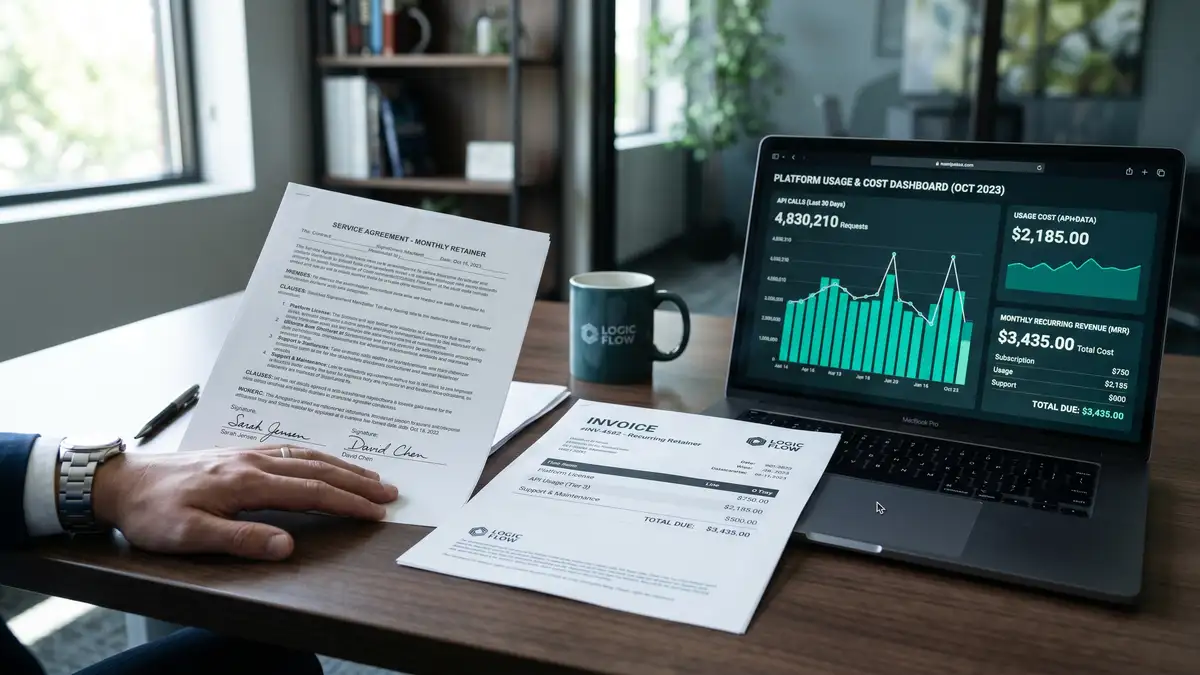 A contract and recurring retainer invoice beside a laptop showing API usage and subscription costs