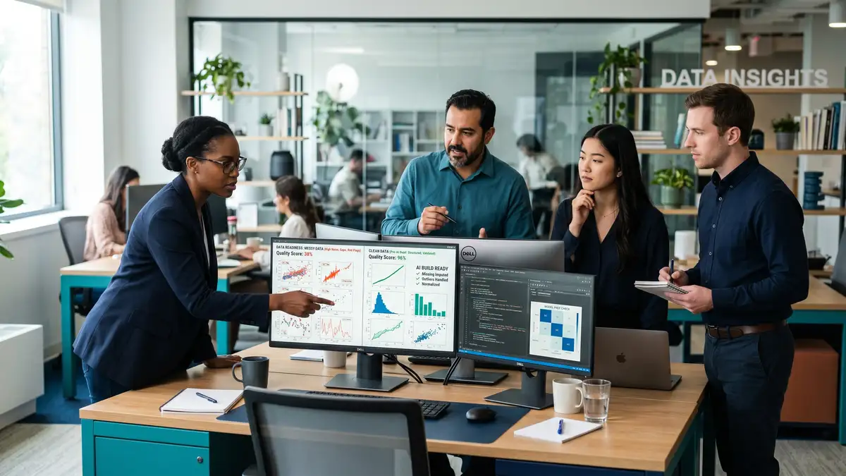 A data team reviewing data quality and readiness on monitors before an AI build
