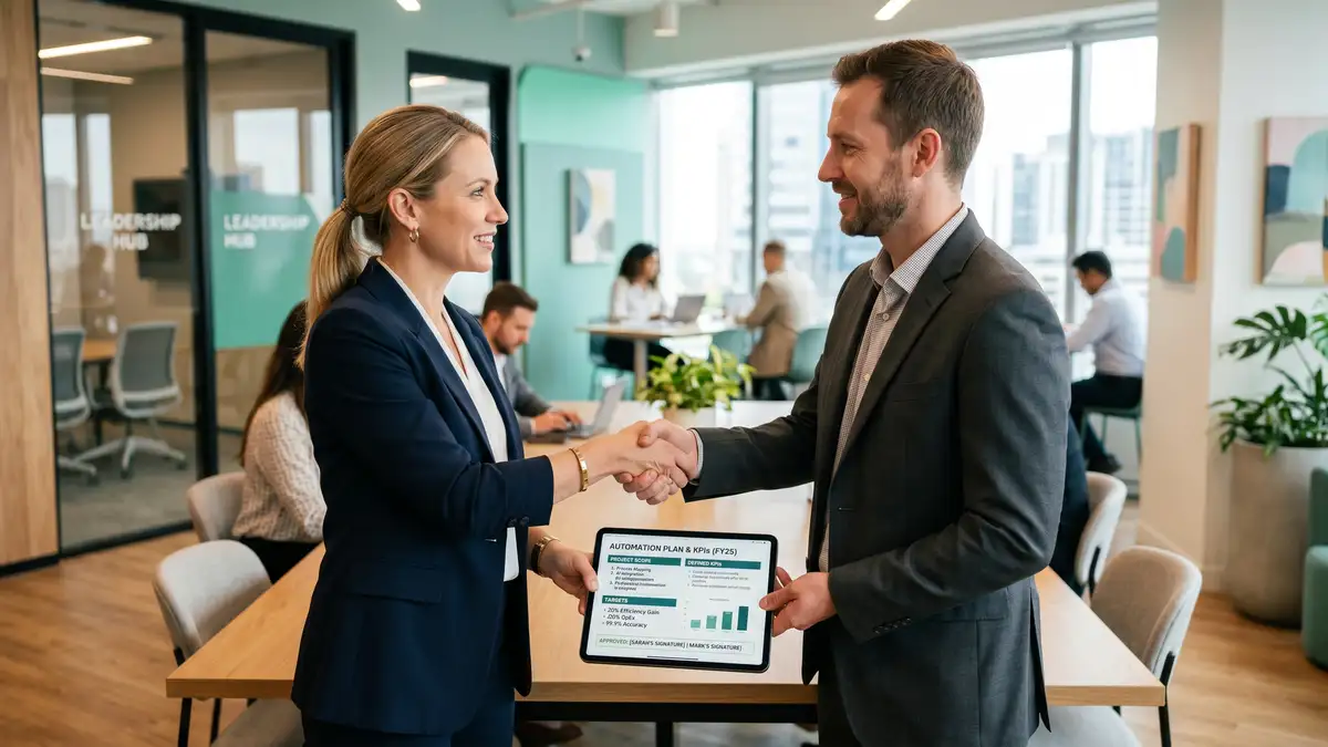 An executive sponsor and operations lead agreeing on a clearly scoped automation plan with defined KPIs