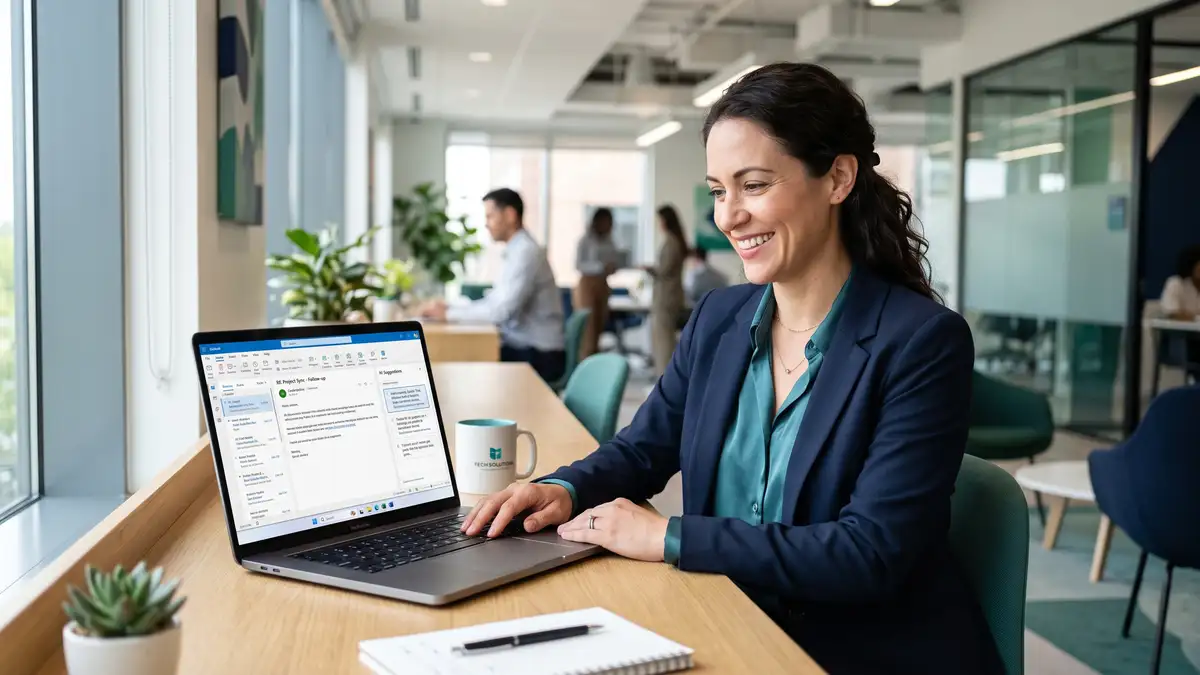 Professional reviewing AI-suggested email replies on a laptop in a bright office
