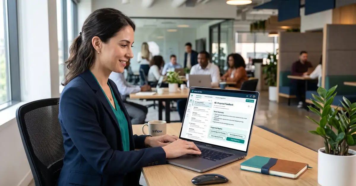 B2B professional using an AI email assistant with a tidy inbox on a laptop