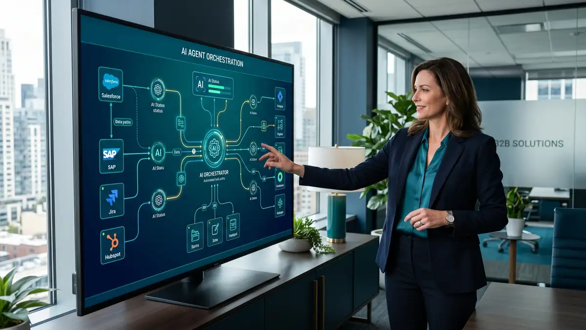 A B2B leader reviewing an autonomous AI agent orchestrating tasks across business systems