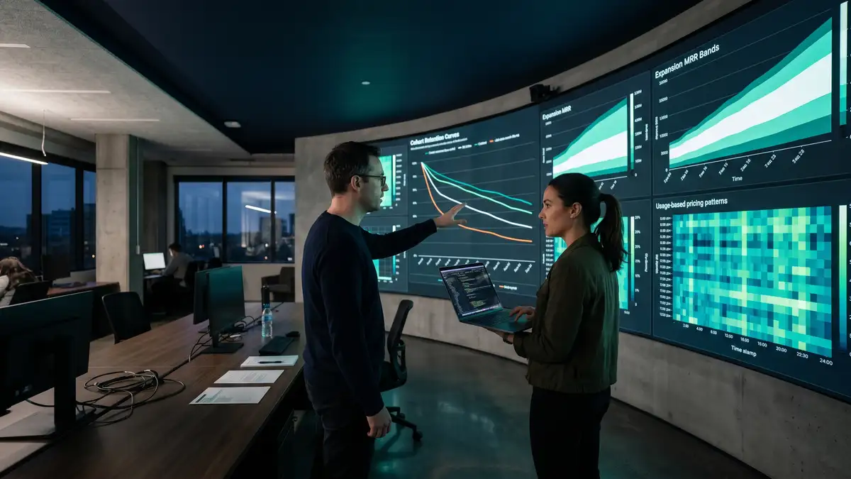 SaaS executives reviewing an ARPU dashboard showing revenue per user trends across customer cohorts and pricing tiers