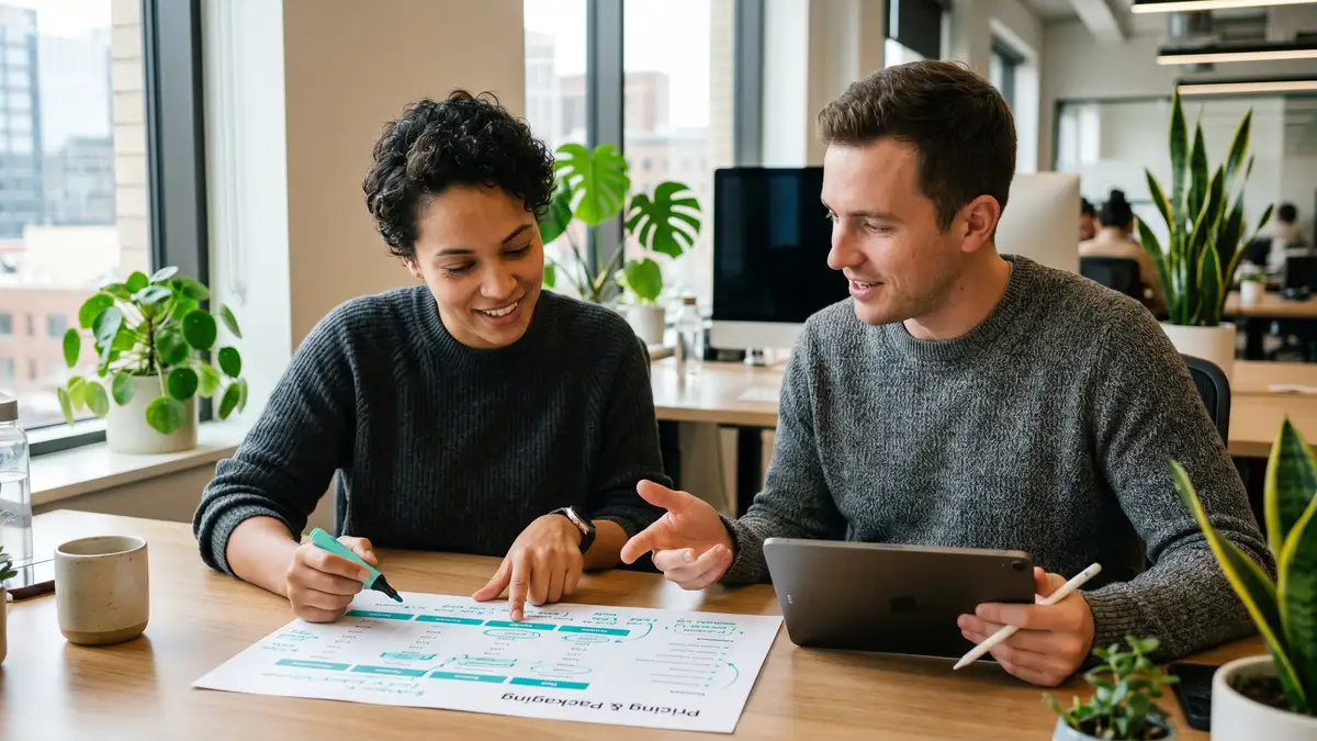 Pricing strategist mapping tier packaging and usage meter design on a whiteboard for B2B SaaS ARPU expansion