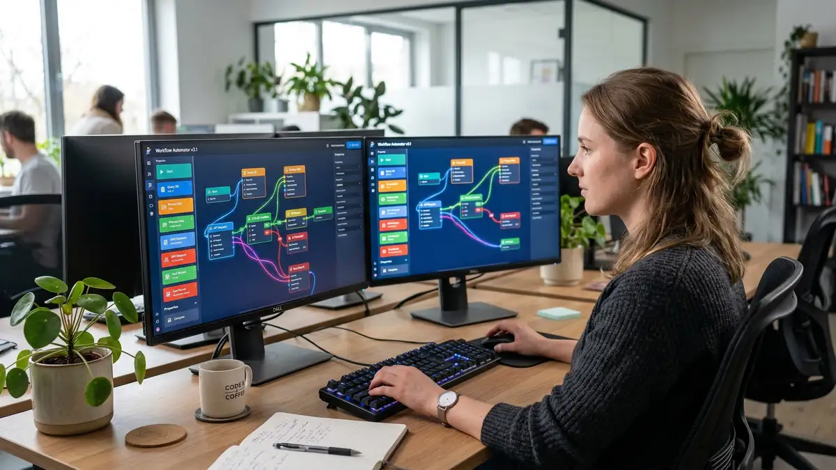 Professional working on dual monitors showing visual workflow orchestration builder interface with connected automation nodes and data flows