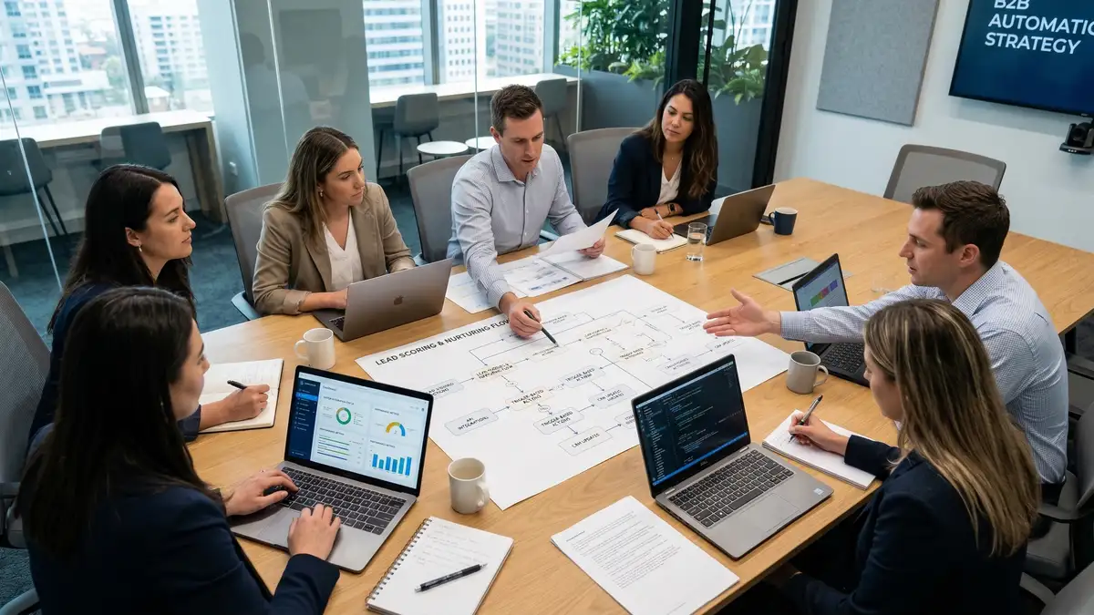 B2B team reviewing workflow orchestration diagrams and automation dashboards during collaborative strategy meeting