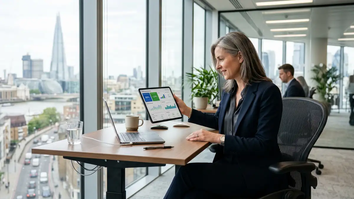 Business executive reviewing workflow orchestration analytics and automation performance metrics on a tablet