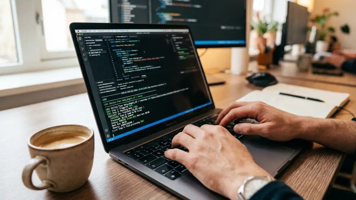 Close-up of laptop showing live workflow orchestration execution log with automation success indicators and real-time processing status