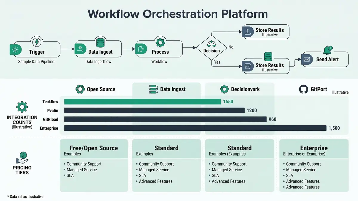 Infographic comparing workflow orchestration platform capabilities including n8n and Make.com integration counts, pricing models, and deployment options